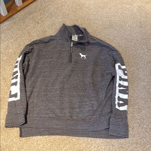 PINK Victoria's Secret Gray Quarter-Zip Sweatshirt with Bold Sleeve Text